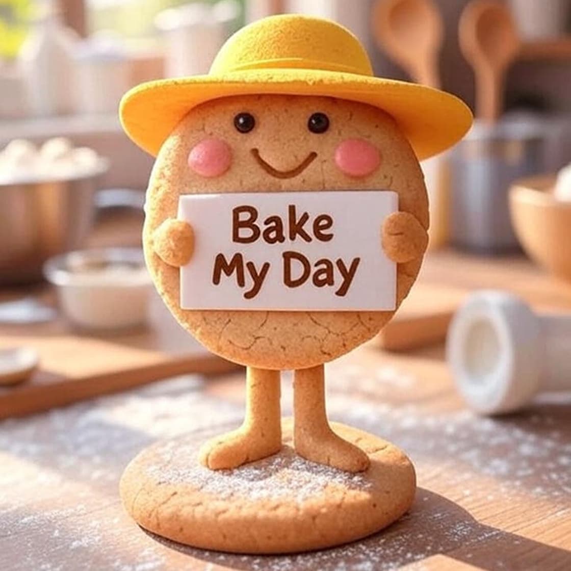 A whimsical figurine of a smiling cake with the phrase "Cake My Day" written on it, set against a colorful background.