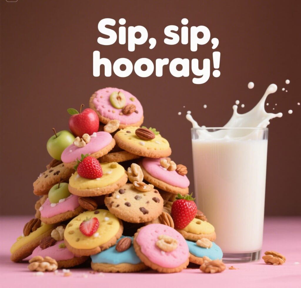 A colorful display of cookie dough, milk, fruit, nuts, and cookies, featuring the cheerful phrase "sip, sip, hooray."