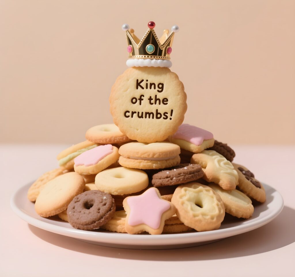 A delightful plate of cookies adorned with a crown, perfect for a pun-filled celebration of sweet treats.