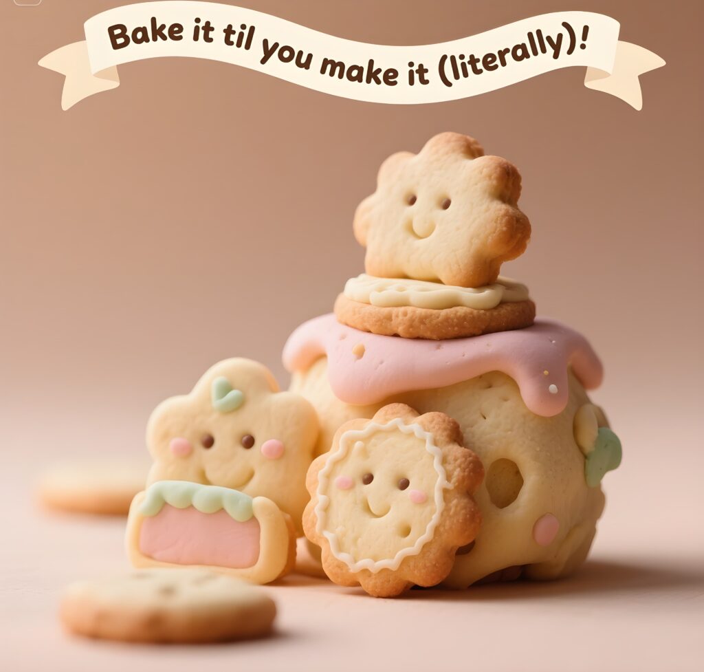 A playful cookie pun graphic featuring the phrase "Bake it if you make it, it's prettily" with colorful cookie illustrations.