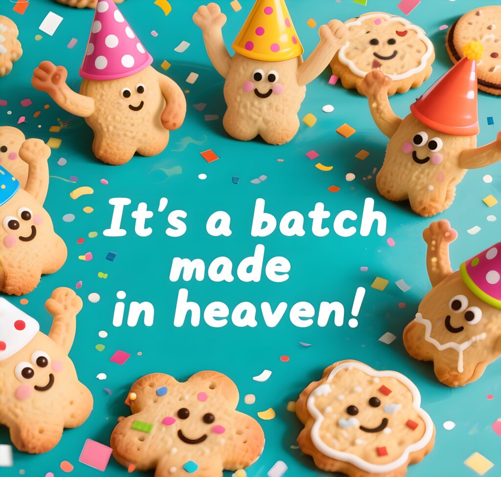 A festive birthday graphic showcasing cookie puns, stating, "Happy Birthday, it's a batch made in heaven."