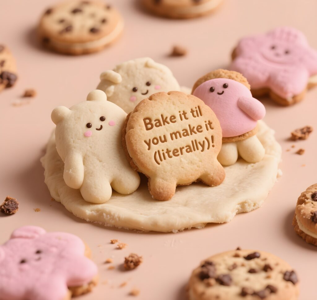 Cookies with the phrase "Bake it if you make it," featuring playful cookie puns and a cheerful design.