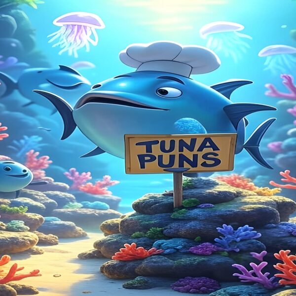 A playful illustration featuring various tuna puns, creatively designed by James Kim, showcasing humor and wordplay.
