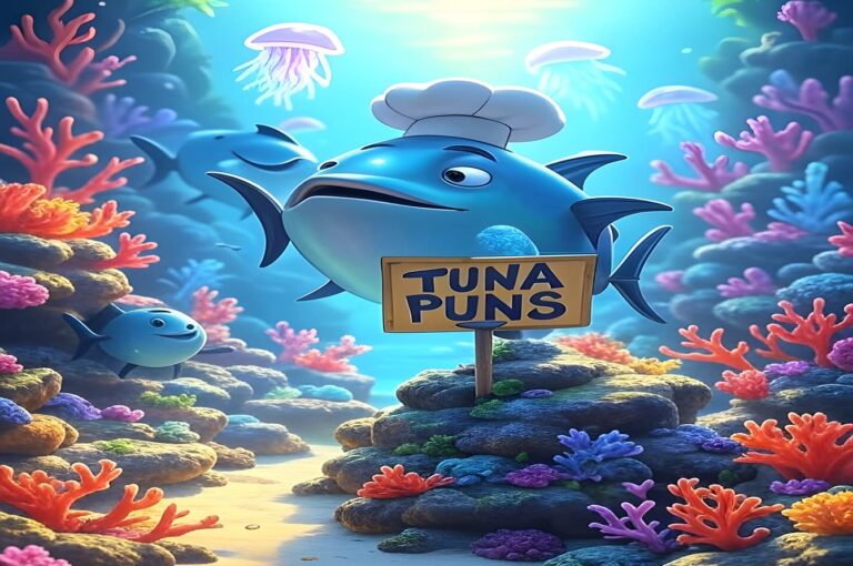 A playful illustration featuring various tuna puns, creatively designed by James Kim, showcasing humor and wordplay.