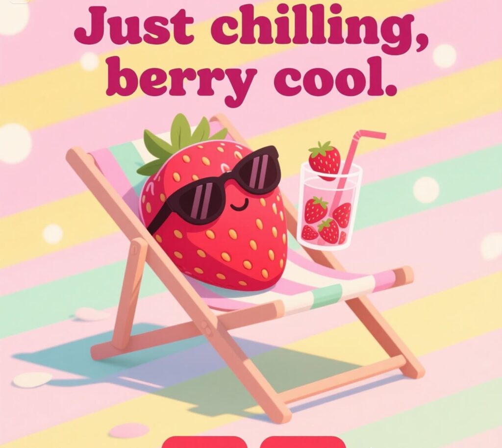 Strawberry puns graphic with text: I'm berry grateful for our friendship in playful font.