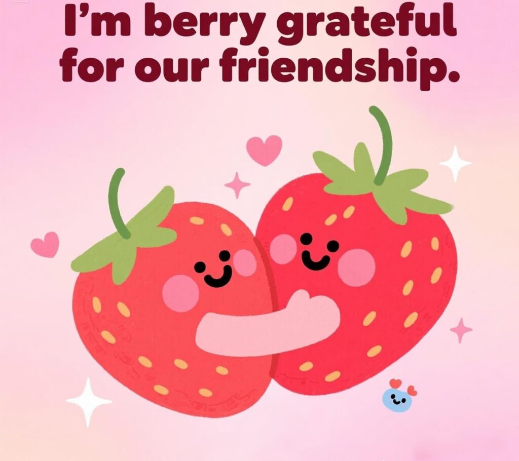 Strawberry puns graphic with text: I'm berry grateful for our friendship in playful font.