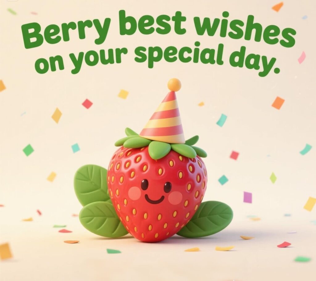 Strawberry puns card with text: Berry best wishes on your special day in playful font.