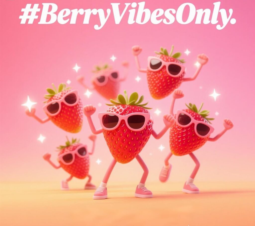 Strawberry puns graphic with cool strawberries in sunglasses, bringing fun summer vibes.