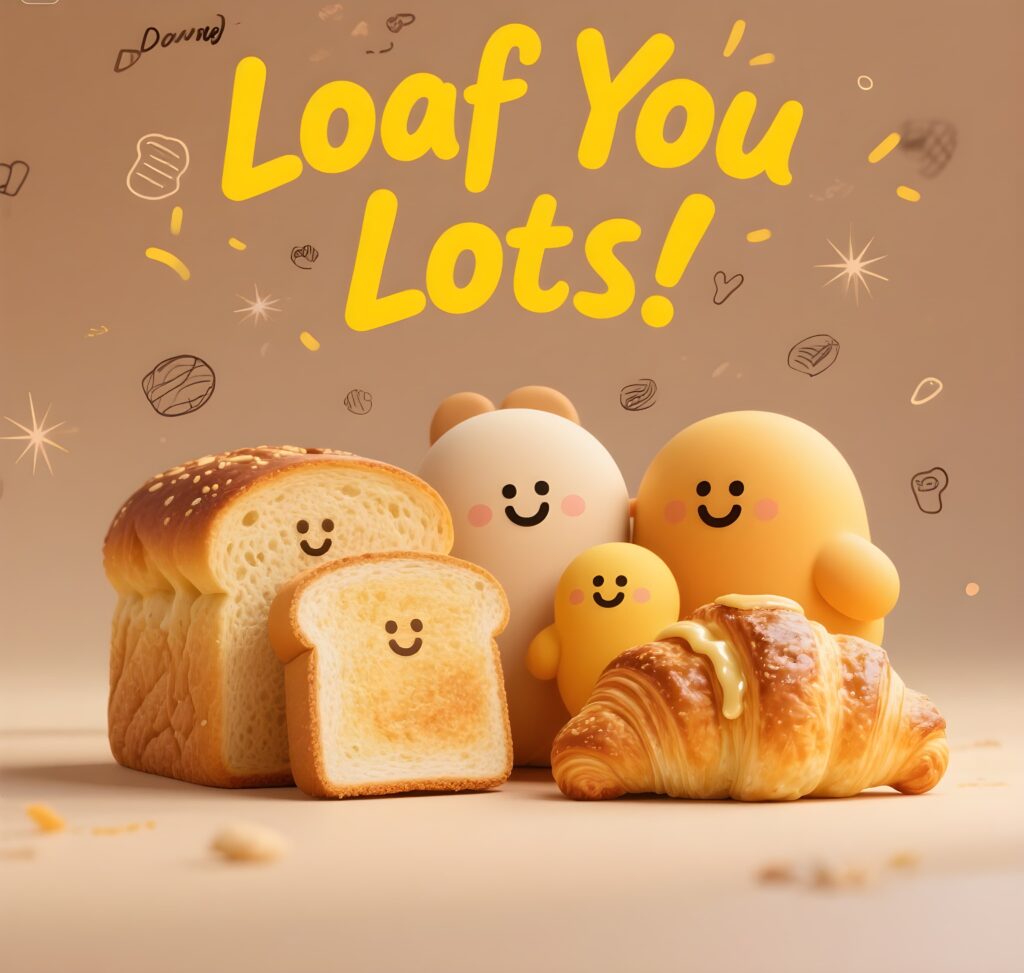 Image featuring playful bread puns with the phrase "loaf you lots" in a fun, colorful design.