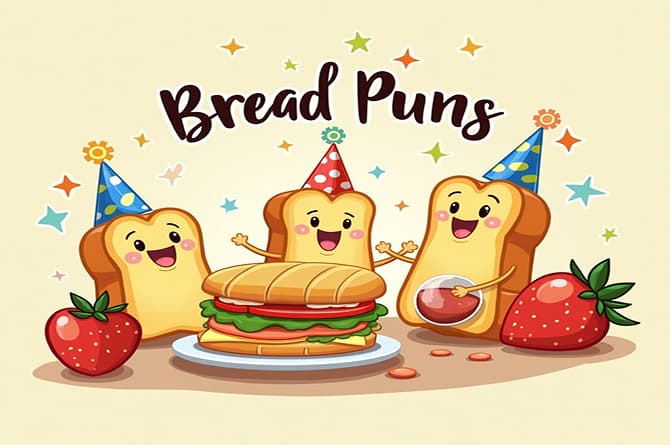 A creative arrangement of birthday bread puns, showcasing humorous phrases with vibrant colors and fun bread graphics.