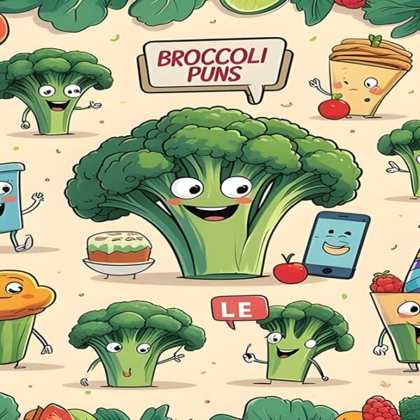 Playful broccoli characters surrounded by various fruits and vegetables, showcasing humorous broccoli puns.