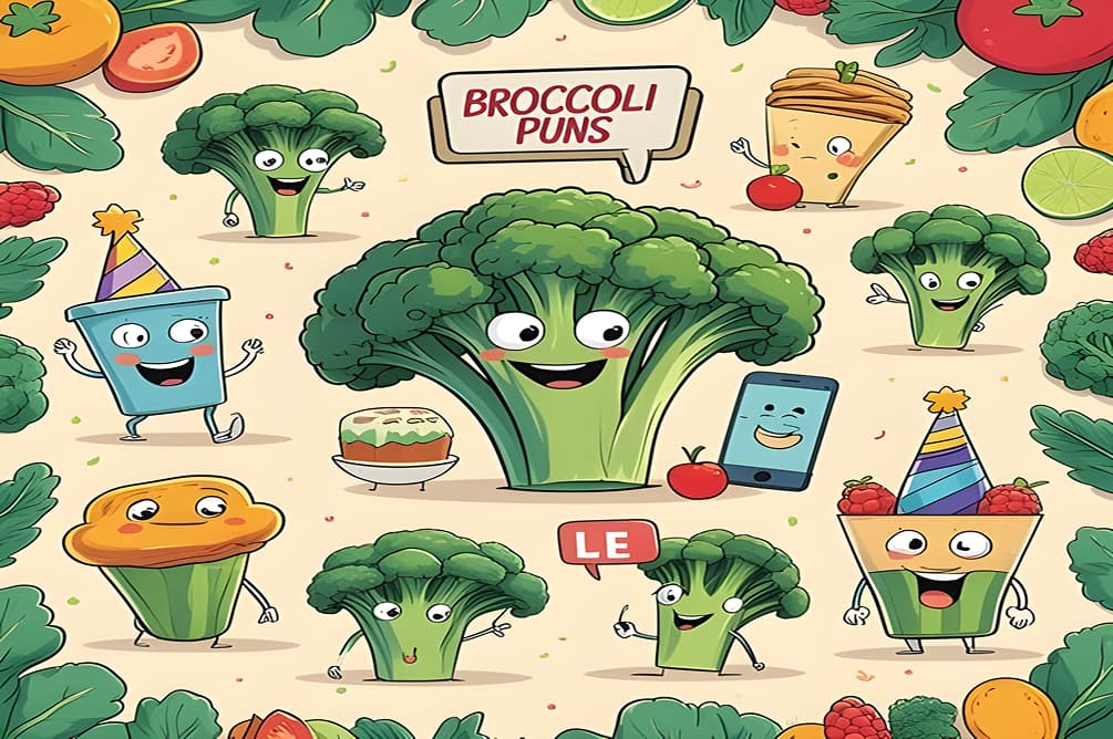 Playful broccoli characters surrounded by various fruits and vegetables, showcasing humorous broccoli puns.