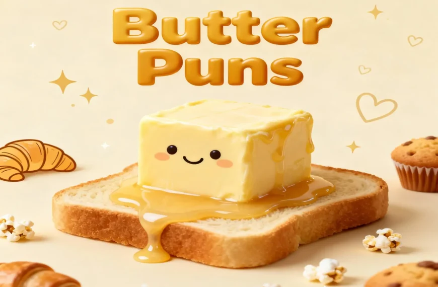 Whimsical butter puns in a colorful design, showcasing funny butter humor.