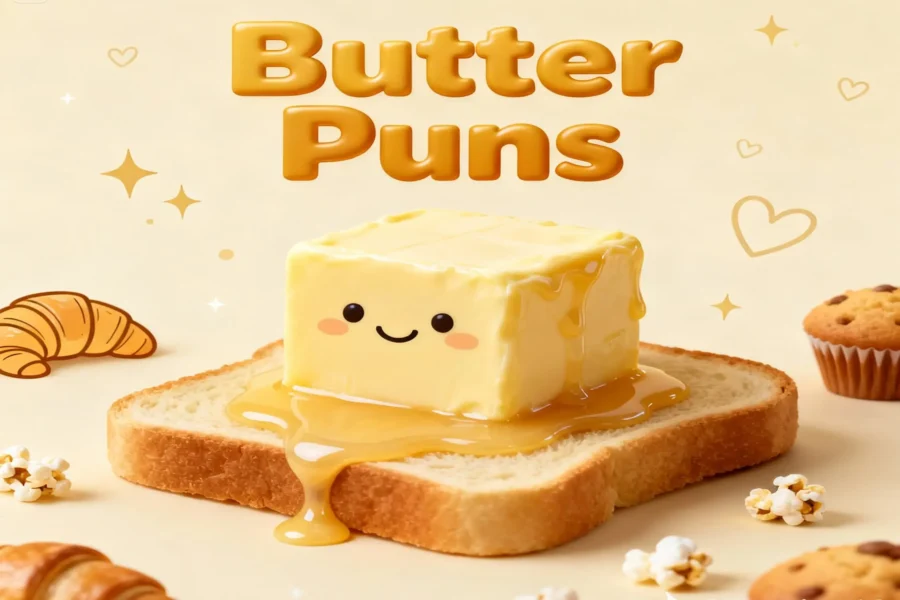 Whimsical butter puns in a colorful design, showcasing funny butter humor.