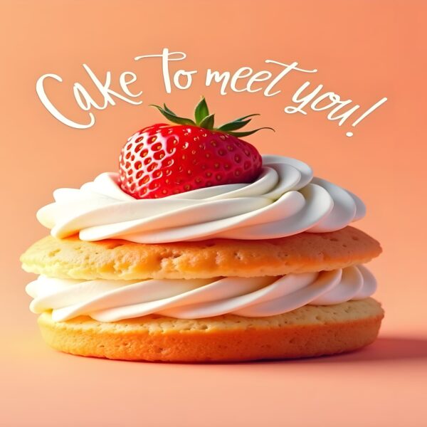 A colorful cake adorned with the words "Cake to meet you," emphasizing a humorous take on cake-themed puns.