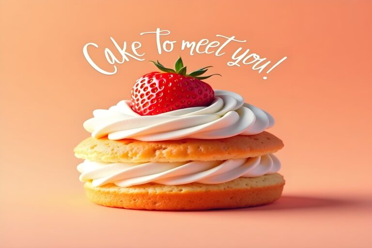 A colorful cake adorned with the words "Cake to meet you," emphasizing a humorous take on cake-themed puns.