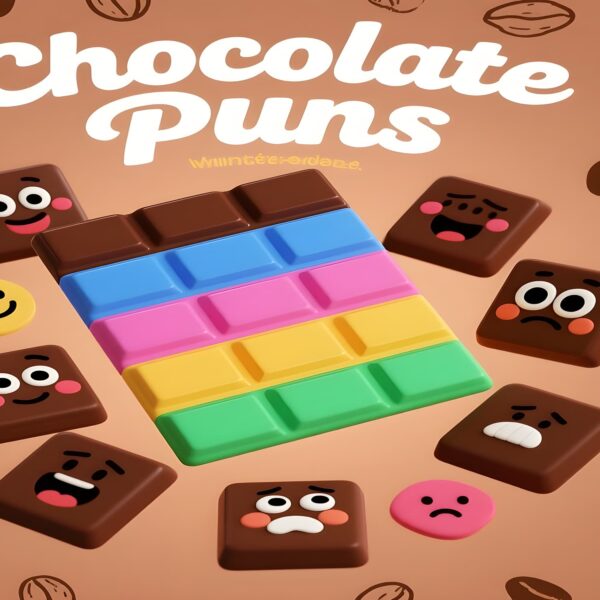 A playful graphic featuring various chocolate puns, showcasing humor related to chocolate treats and desserts.