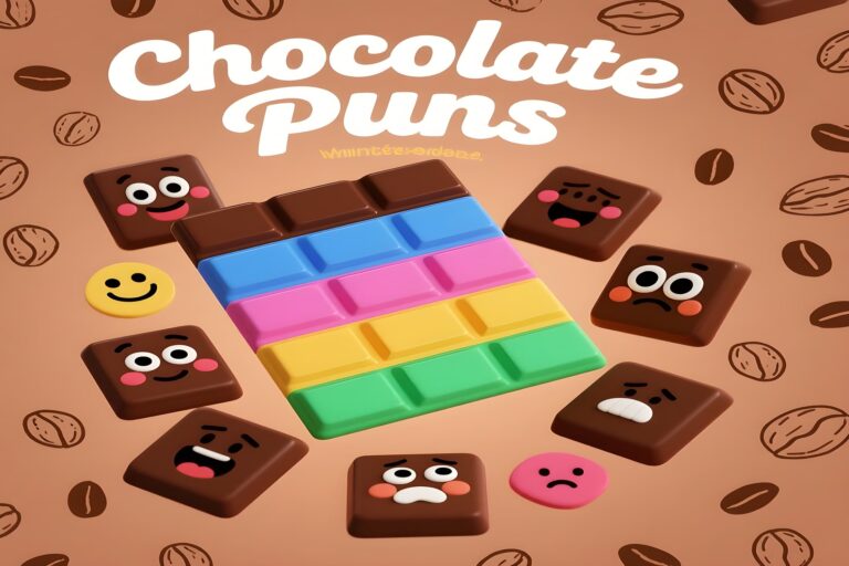 A playful graphic featuring various chocolate puns, showcasing humor related to chocolate treats and desserts.