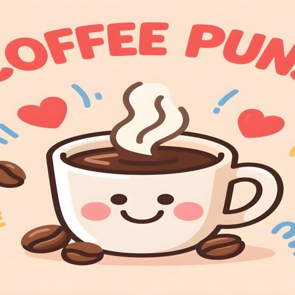 Colorful vector art showcasing coffee puns, including witty phrases and cartoon coffee cups in a fun design.