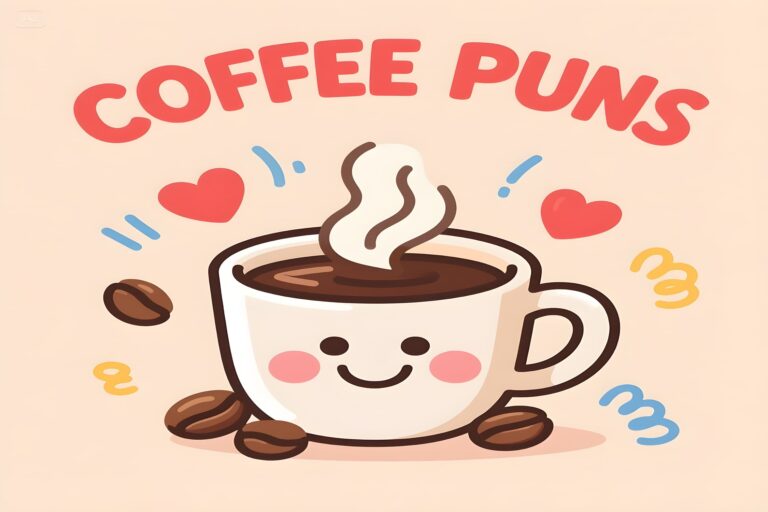 Colorful vector art showcasing coffee puns, including witty phrases and cartoon coffee cups in a fun design.