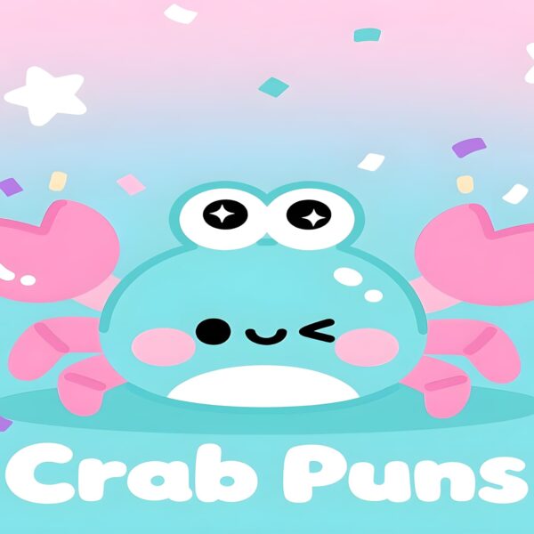 Cartoon crab with the text "Crab Puns" displayed above it, featuring a playful and humorous design.