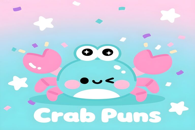Cartoon crab with the text "Crab Puns" displayed above it, featuring a playful and humorous design.