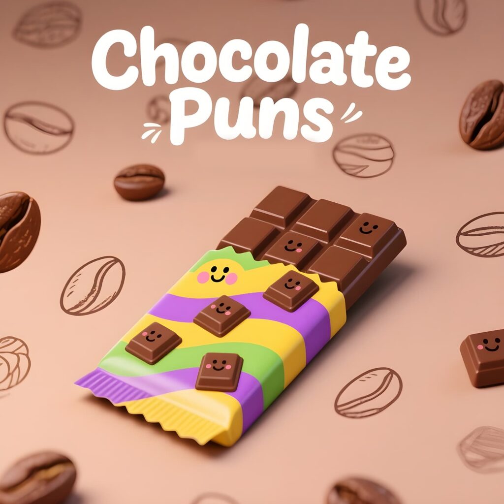 3D illustration featuring playful chocolate puns, showcasing humor and creativity related to chocolate themes.