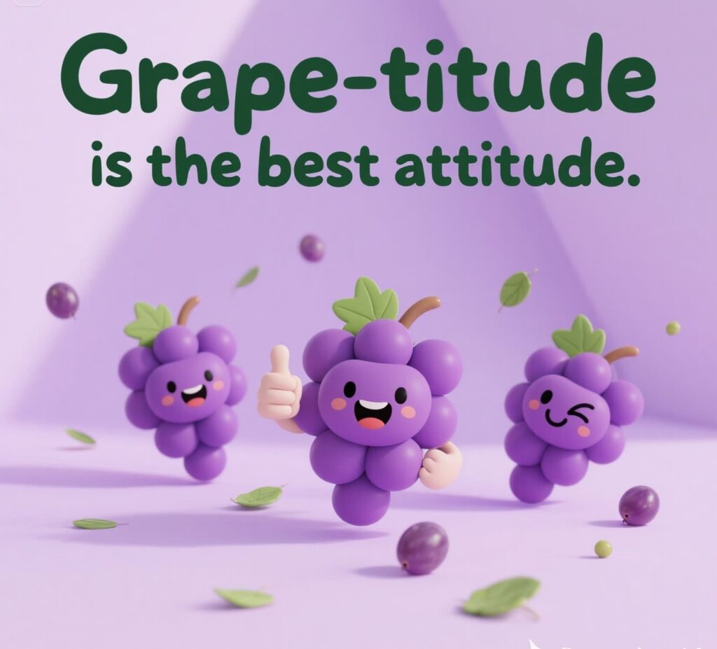 Grapes graphic with text "grape-tude is the best attitude" celebrating grape puns.