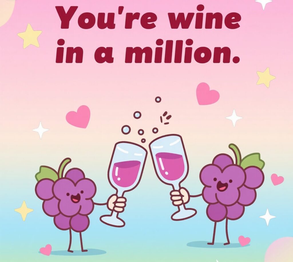 Cartoon grapes clinking glasses with text "You're wine in a million" grape puns.