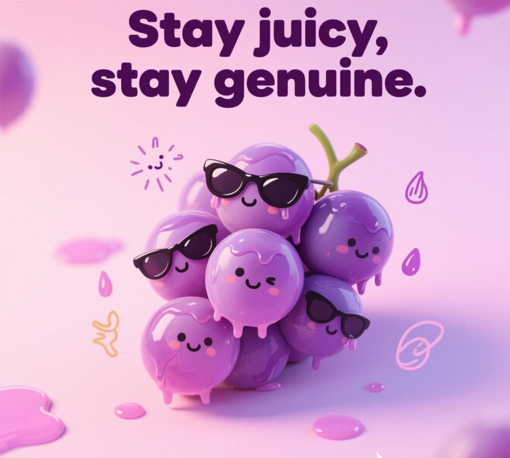 Playful grape pun saying "stay juicy, stay genuine" over a vibrant grape background.