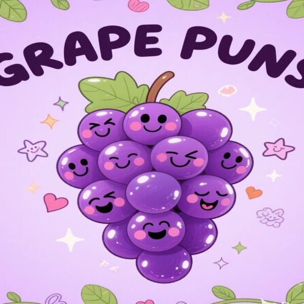 Smiling cartoon grape perfectly capturing the fun of grape puns.