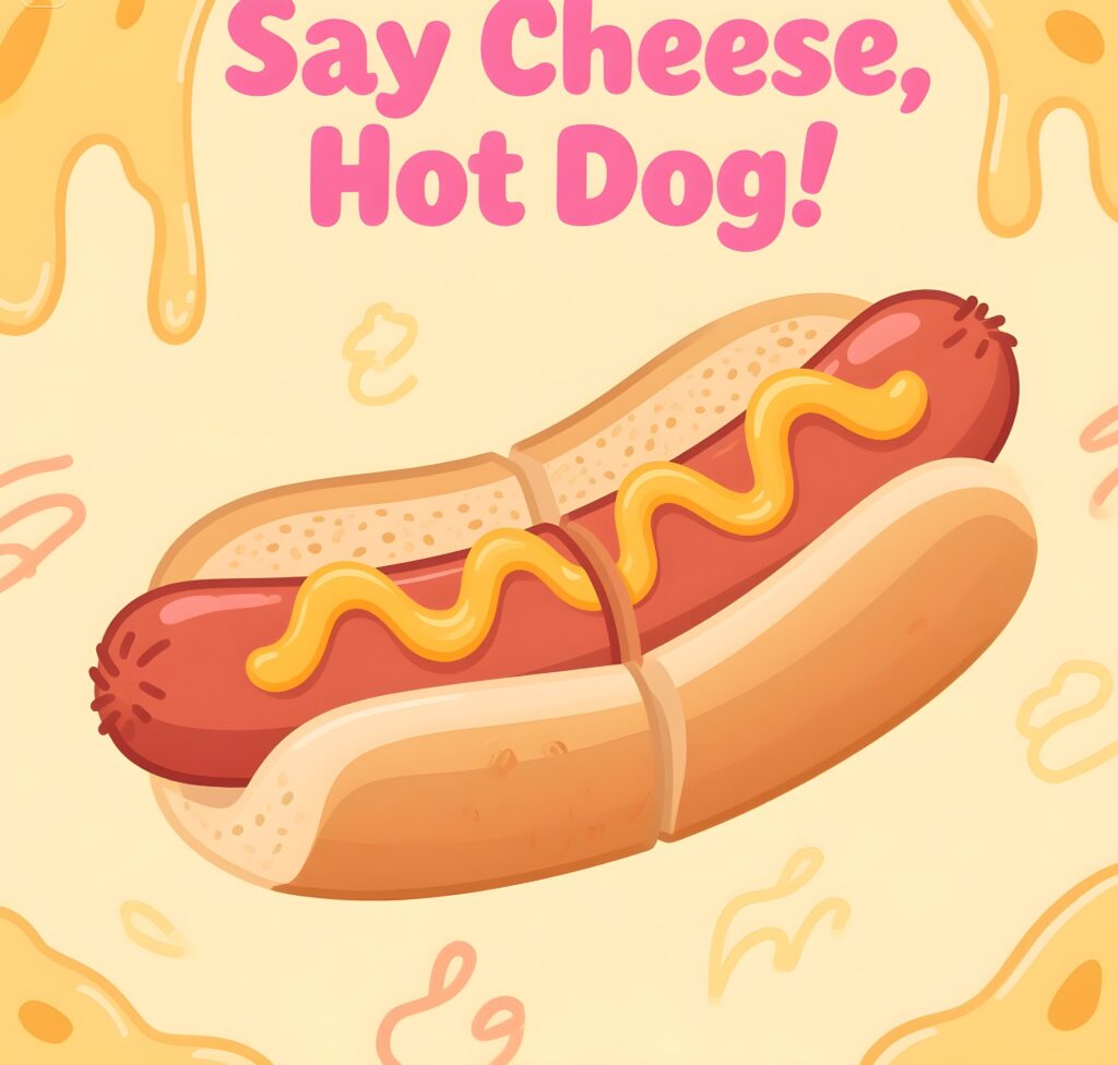 Cheerful hot dog character with a big smile, saying "Say cheese!" in a fun vector style, perfect for food puns.