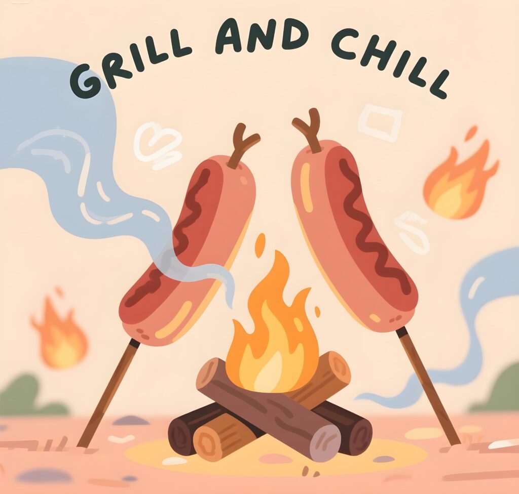 A vibrant outdoor grill setup featuring hot dogs and fun puns, perfect for a summer cookout and good times.