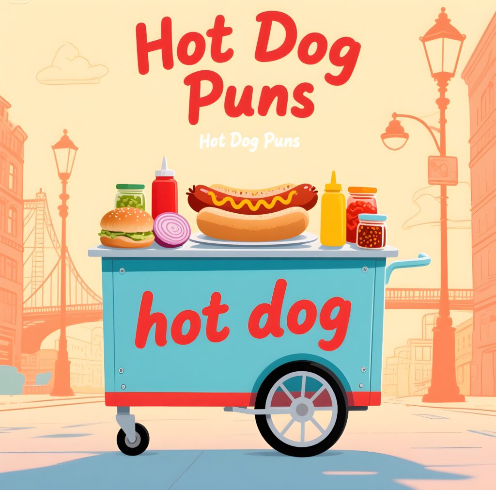 A vibrant image filled with creative hot dog puns, highlighting the amusing side of hot dog culture.