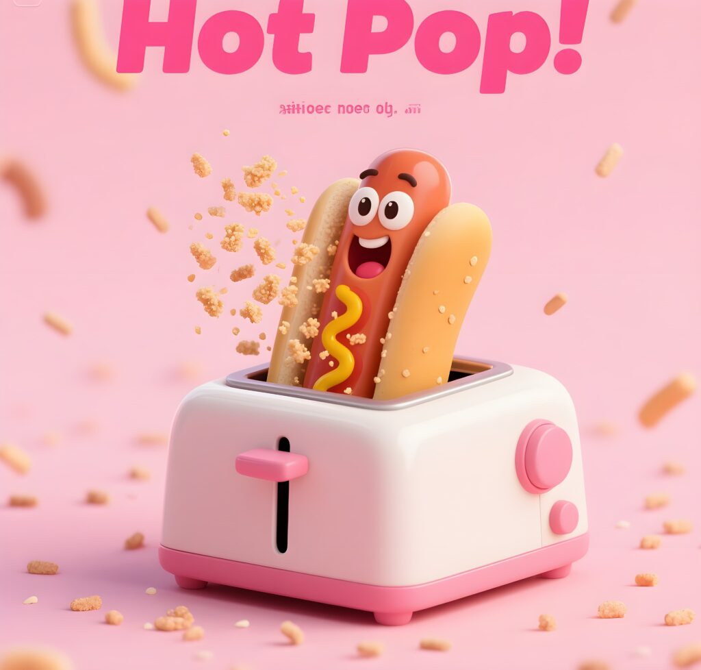 A whimsical hot dog toaster designed by Jason Kim, featuring playful hot dog puns and a vibrant, modern aesthetic.