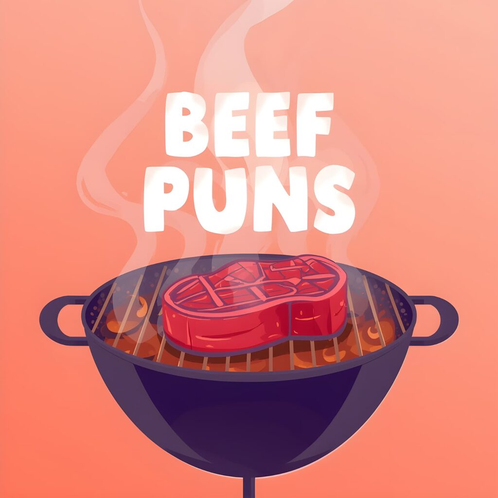 Image of the 'Beef Puns' app interface, showcasing features for cooking meat on a BBQ with playful beef-related puns.