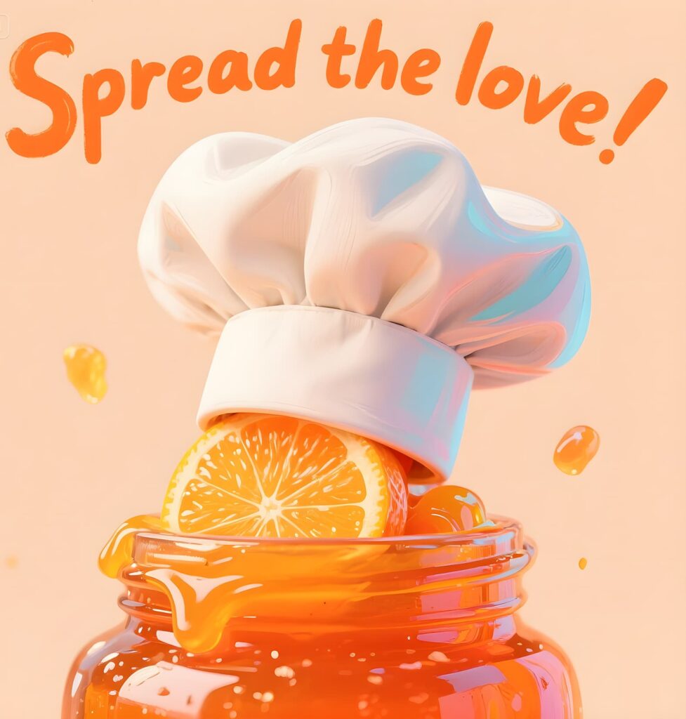 Poster titled "Spread the Love" by Julie McCormick, featuring playful orange puns and vibrant colors.