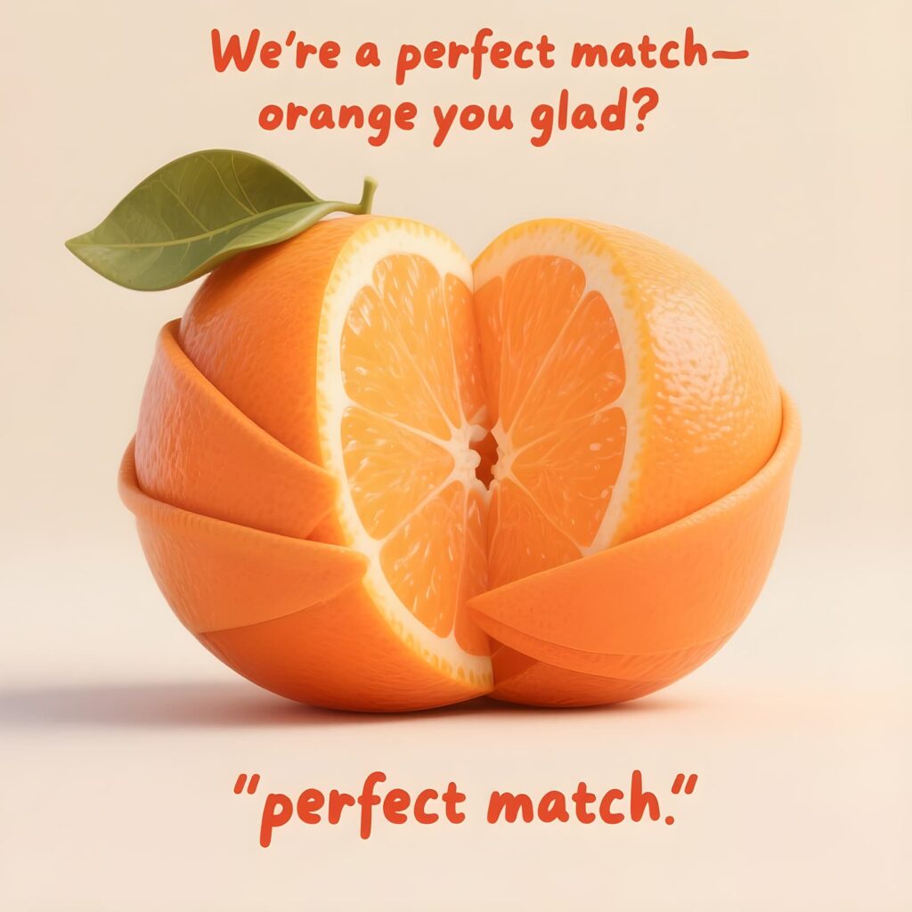 A halved orange featuring the phrase "we're a perfect match," showcasing a clever orange pun.