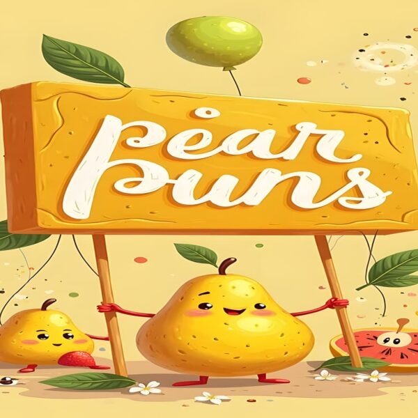 A whimsical illustration of a pear bun, showcasing clever pear puns in a colorful and engaging style.