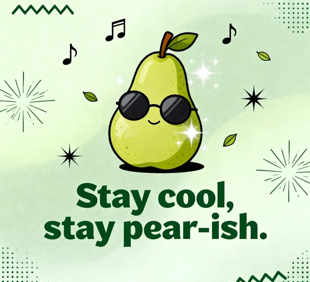 The pear puns graphic shows a pear with sunglasses saying, "Stay cool, stay pear-ish."