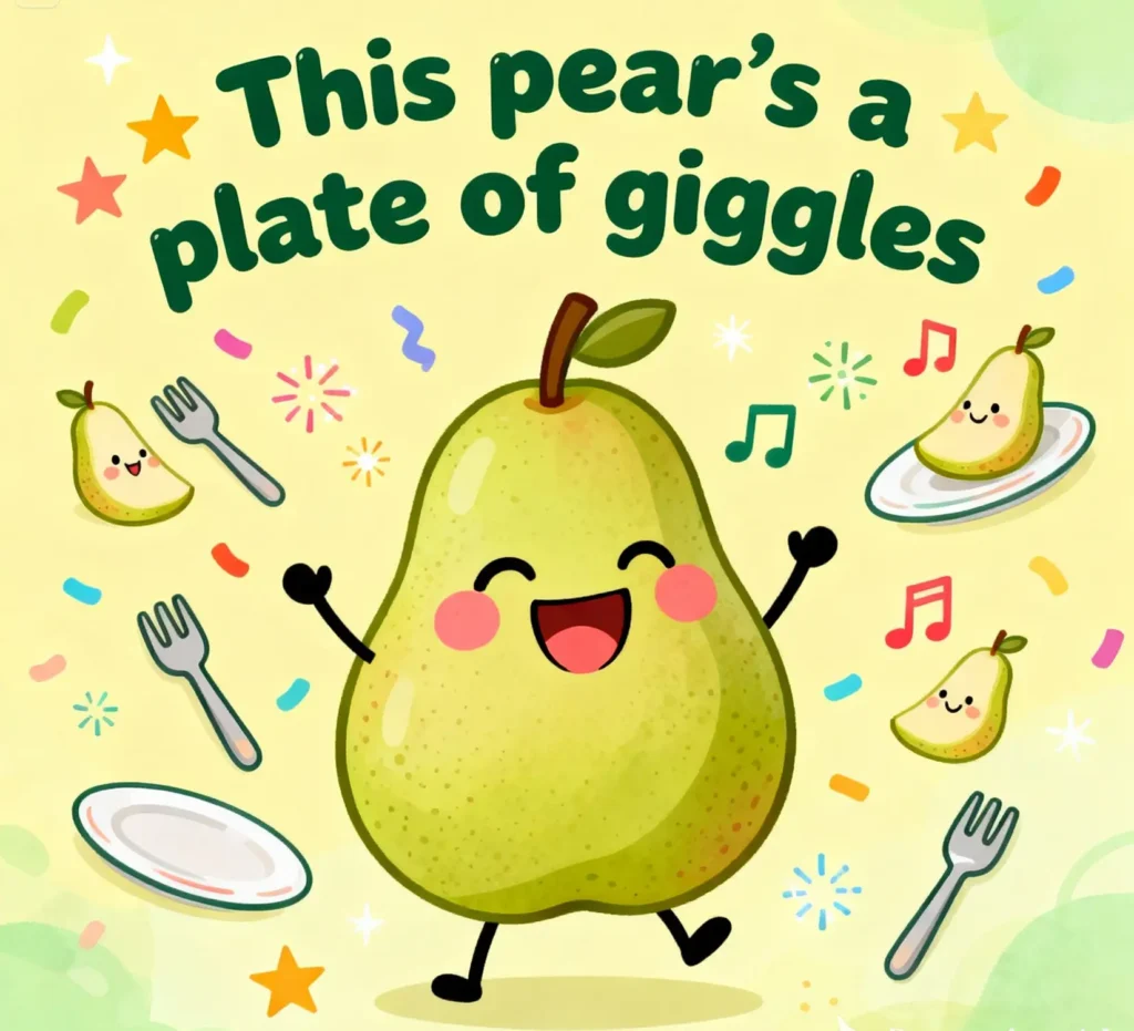 Playful pear smiling with laughter around it sharing fruit joy and pear puns.