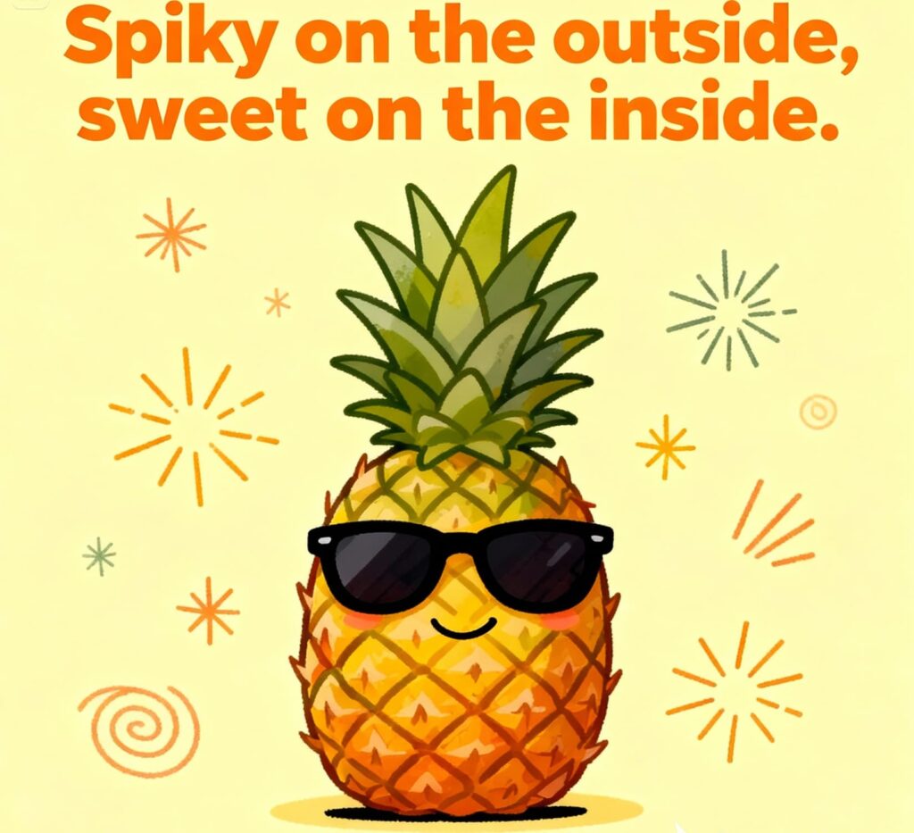 Spiky yet sweet pineapple with pineapple puns and tropical vibes.
