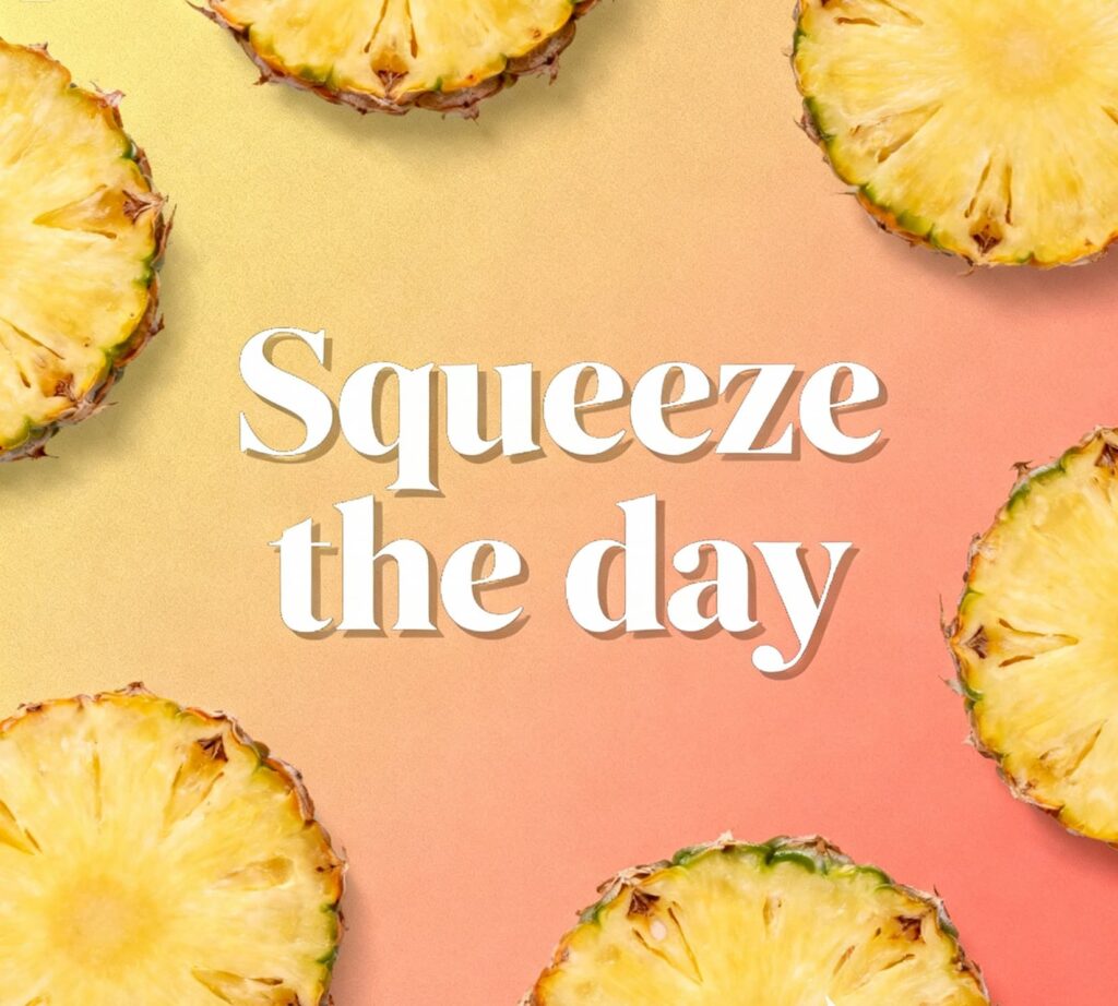Bright pineapple slices with pineapple puns: "Squeeze the day."