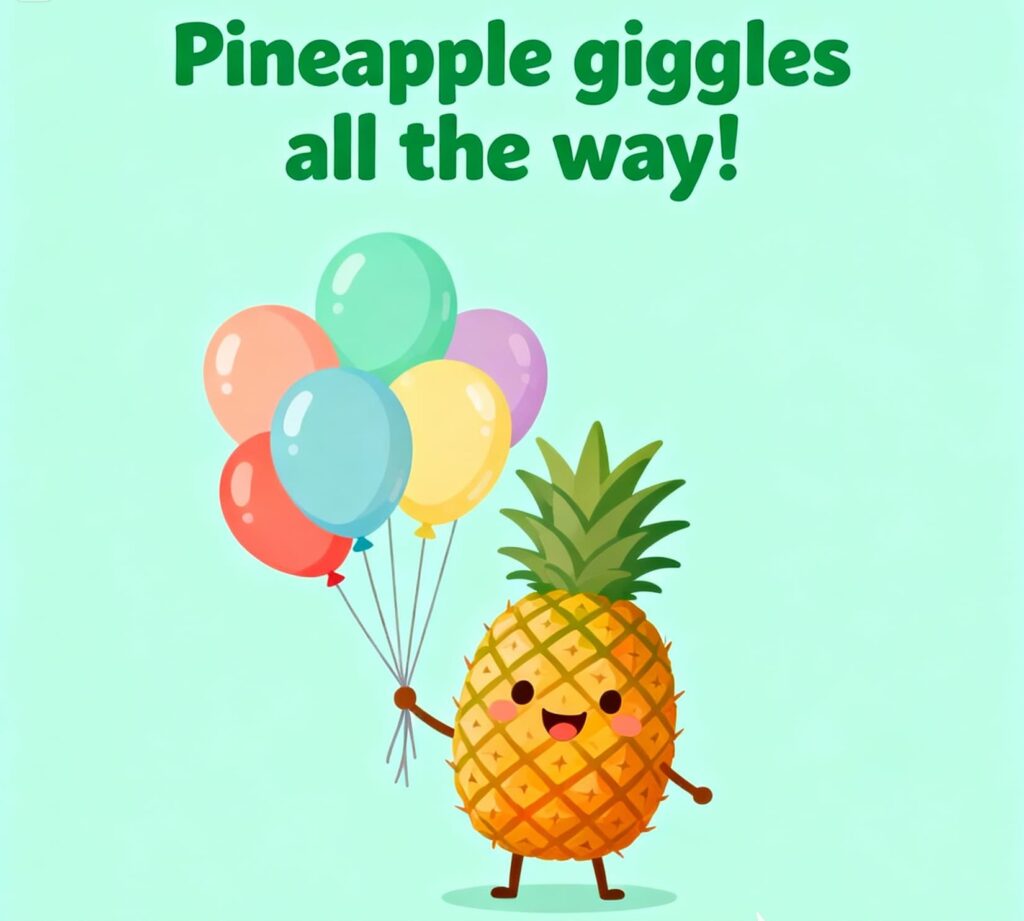 Playful pineapple with a big smile and pineapple puns, full of fun and laughter.
