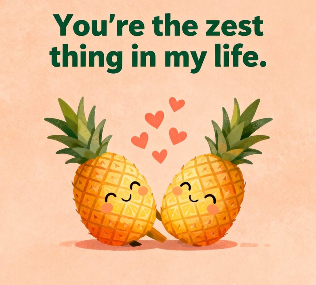Playful pineapple graphic with pineapple puns: "You're the zest thing in my life."
