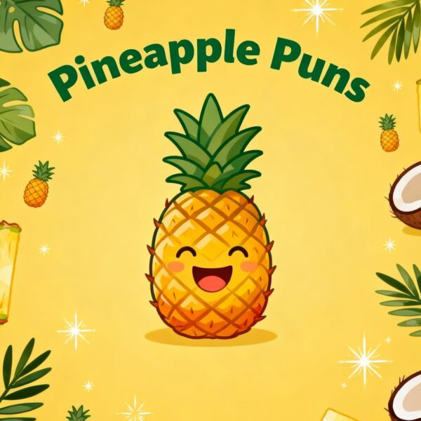 Fun illustration of pineapple puns in bright, colorful text with playful, cheerful designs.