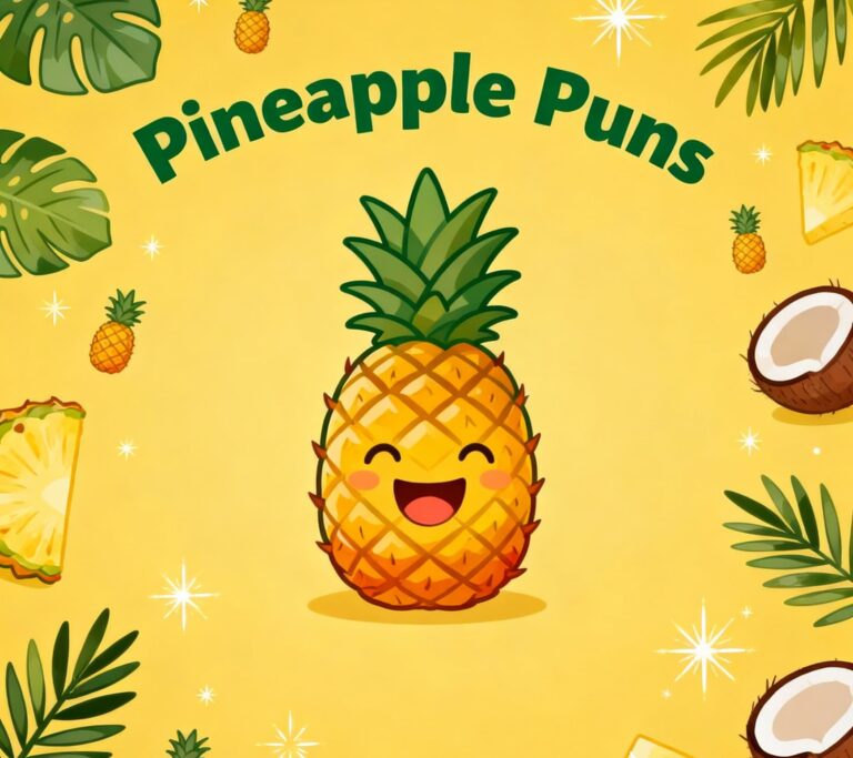Fun illustration of pineapple puns in bright, colorful text with playful, cheerful designs.