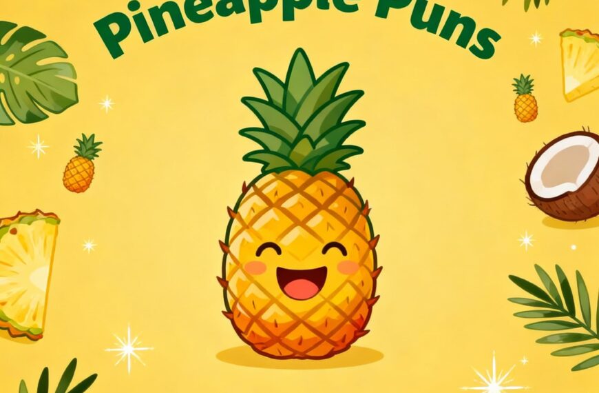 Fun illustration of pineapple puns in bright, colorful text with playful, cheerful designs.