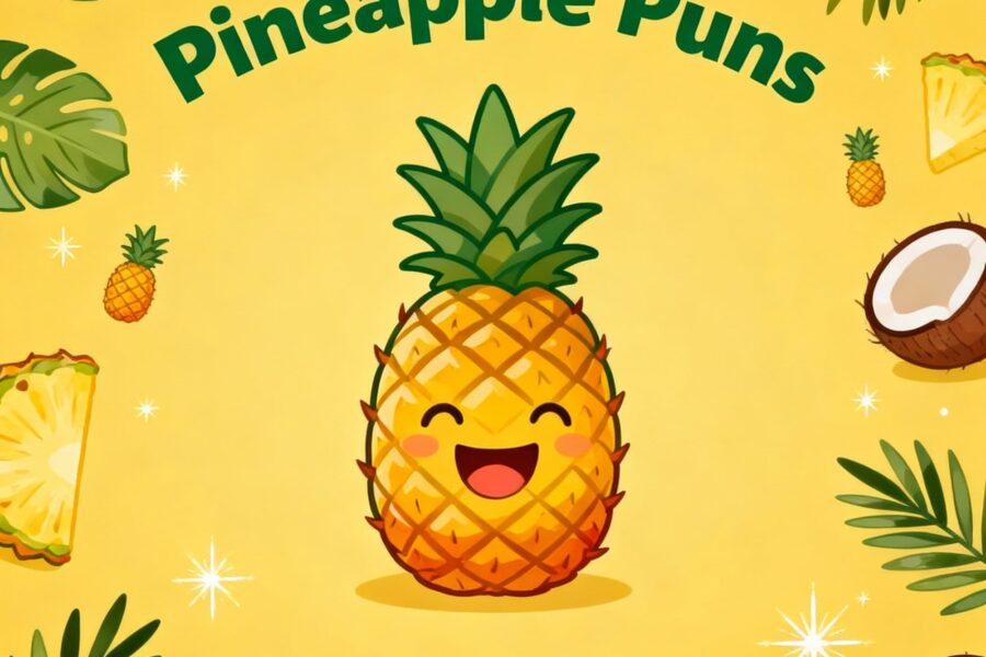 Fun illustration of pineapple puns in bright, colorful text with playful, cheerful designs.