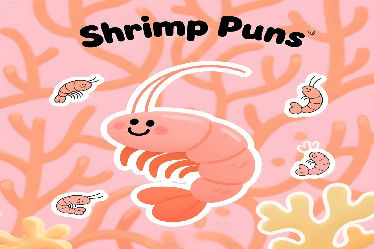 A colorful sticker pack featuring various shrimp puns and illustrations, perfect for adding humor to messages.
